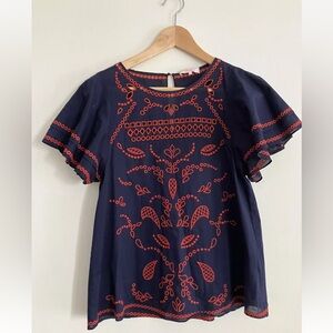 Parker Mara Embroidered Flutter Short Sleeve Top Size S Blue Red